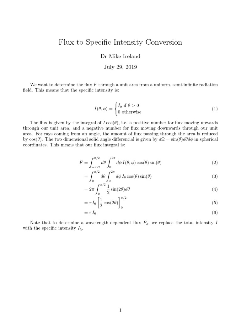 Flux to Specific Intensity Formula | PDF