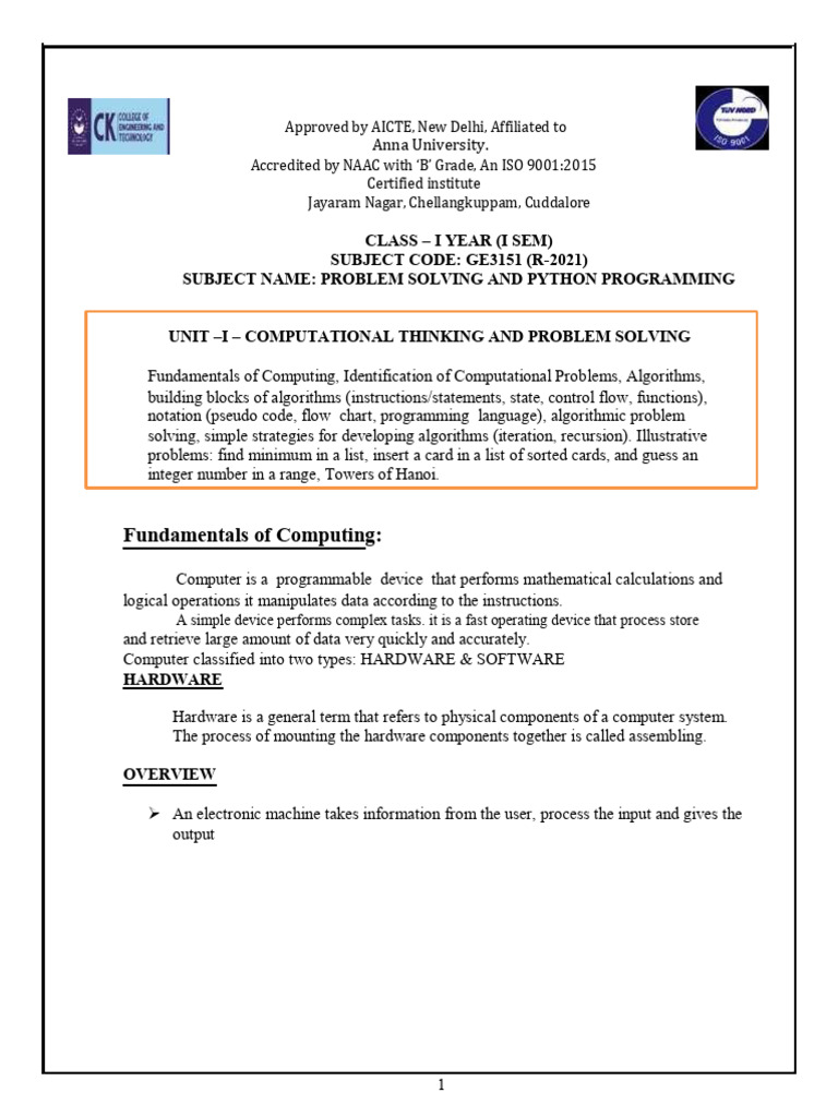 UNIT I Notes Python Student | PDF | Computer Data Storage | Algorithms