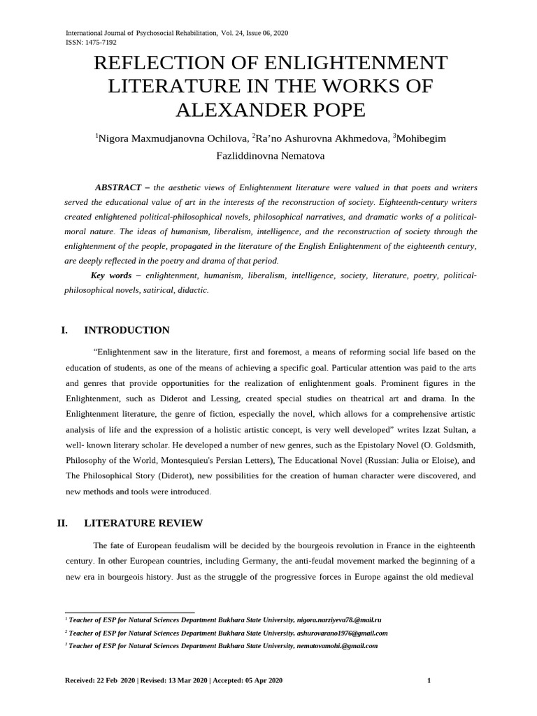 Reflection of Enlightenment Literature in The Works of Alexander Pope ...
