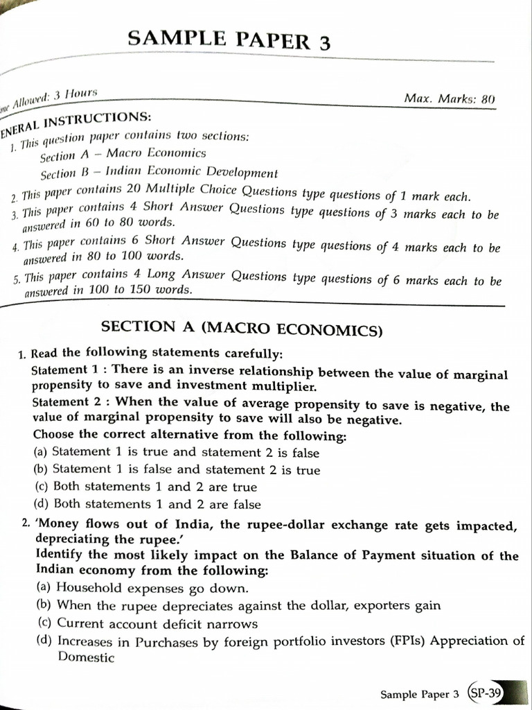 Economics Sample Paper 3 | PDF