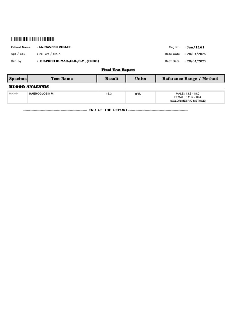 Reference Range / Method Result Units Test Name Specime: Blood Analysis ...