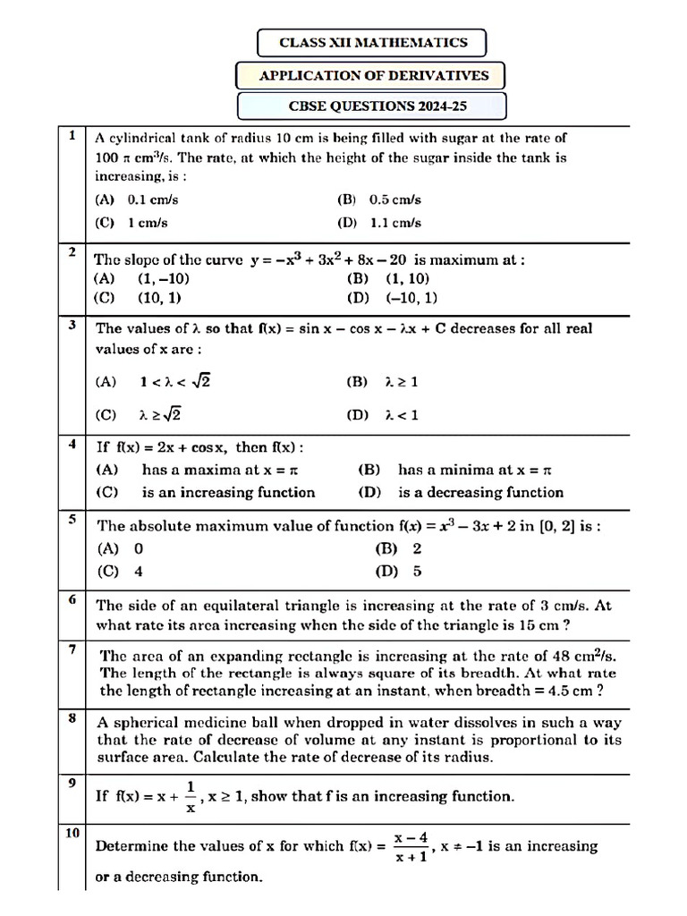 Application of Derivatives (PYQs) | PDF