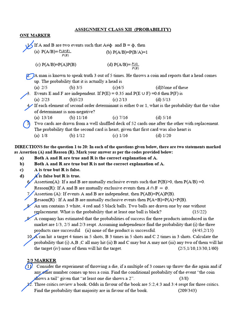 Class XII Probability Assignment Questions | PDF | Probability ...