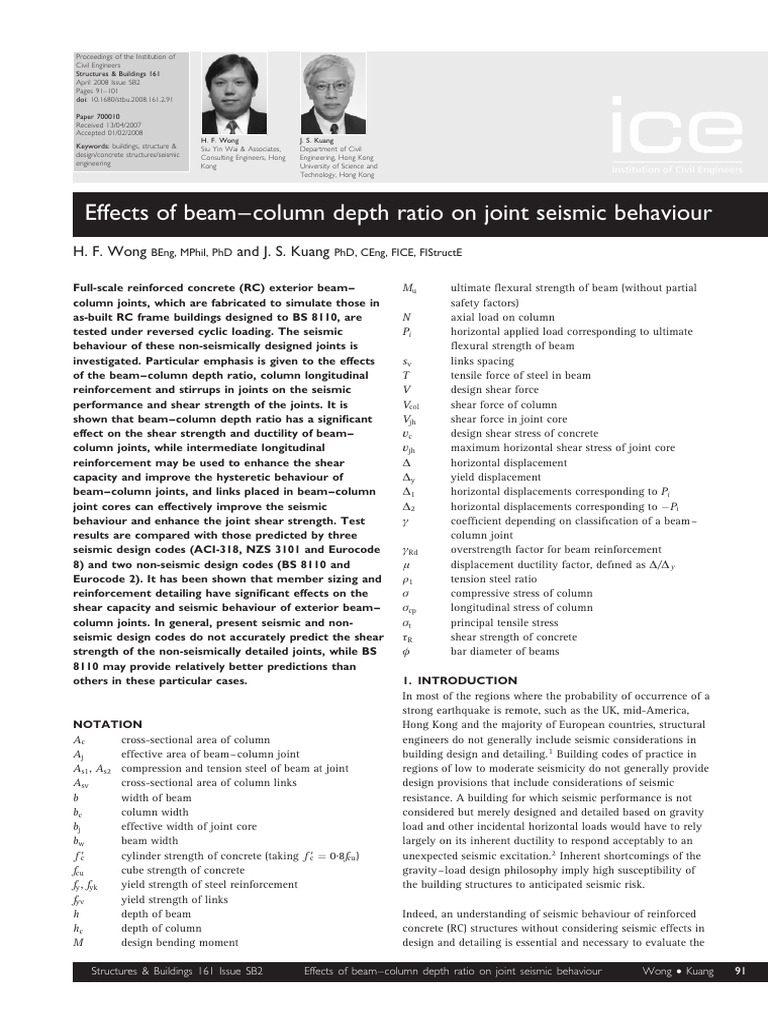 Effects of Beam-Column Depth Ratio On Joint Seismic Behaviour | PDF ...