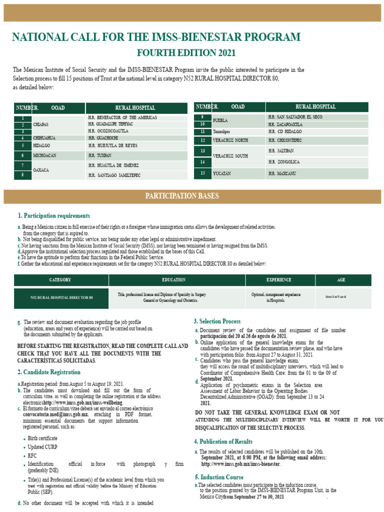 IMSS-BIENESTAR Rural Hospital Director Call | PDF