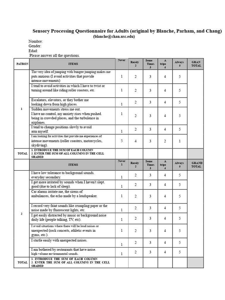 2022 Sensory Processing Questionnaire For Adults 2 | PDF
