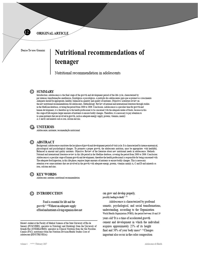 Nutritional Guidelines for Adolescents | PDF | Nutrients | Vitamin
