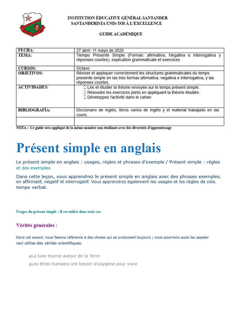 Guide sur le Présent Simple en Anglais | PDF | Verbe | Phrase