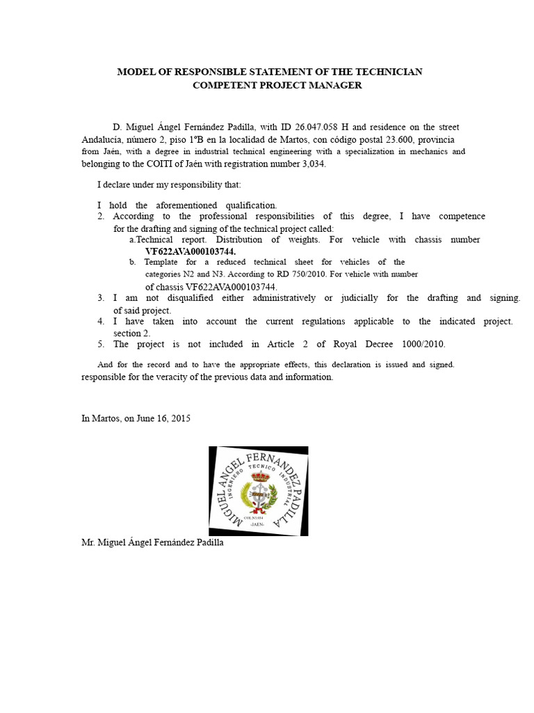 Model of Responsible Declaration of The Competent Project Technician | PDF