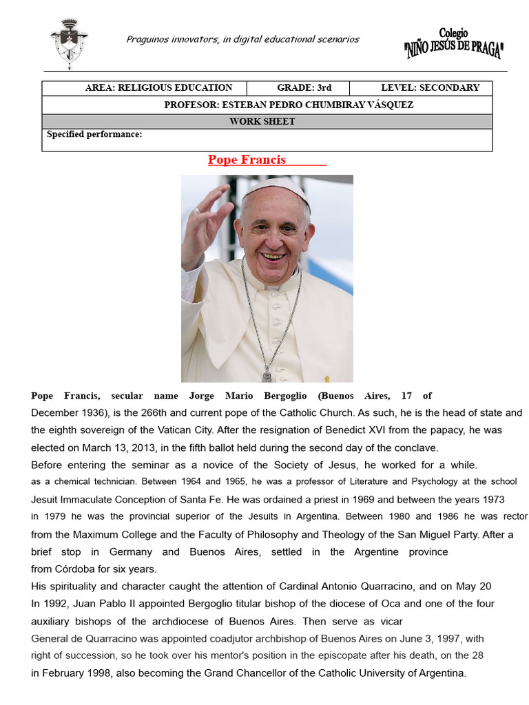 RELIGION PRACTICE 3rd (DIRECTED PRACTICE) THIRTEENTH WEEK (POPE FRANCIS ...