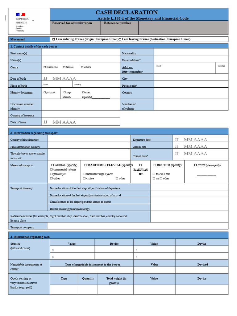 Cash Declaration Form for France | PDF | Cash | Banks