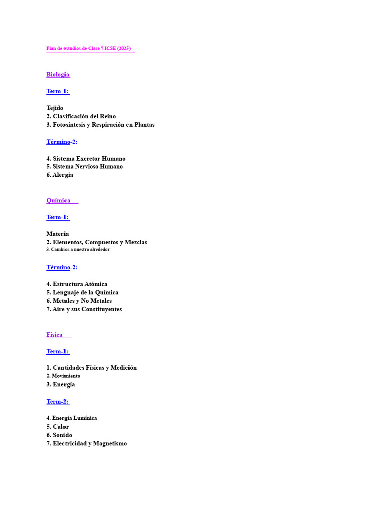 Plan de Estudios de La Clase 7 ICSE | PDF