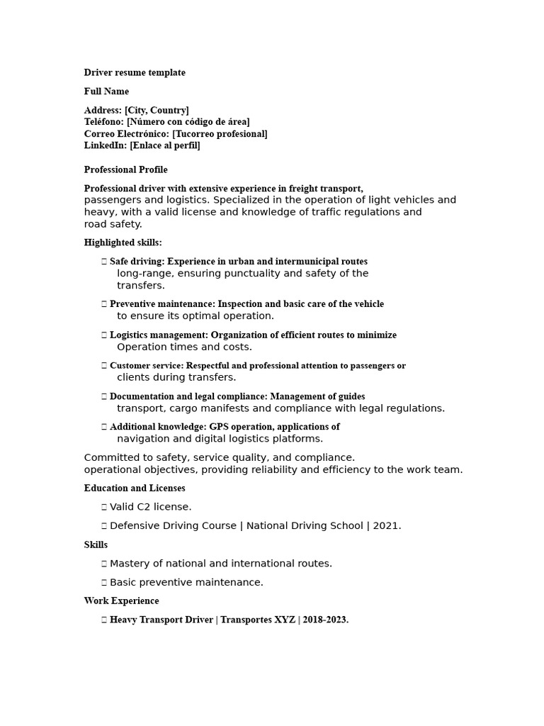 Professional Driver Resume Template | PDF