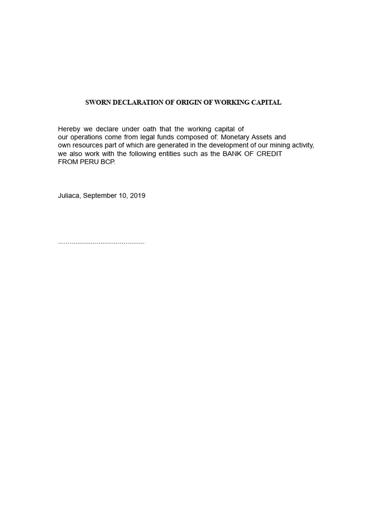 Format For Sworn Declaration of The Origin of The Working Capital of ...
