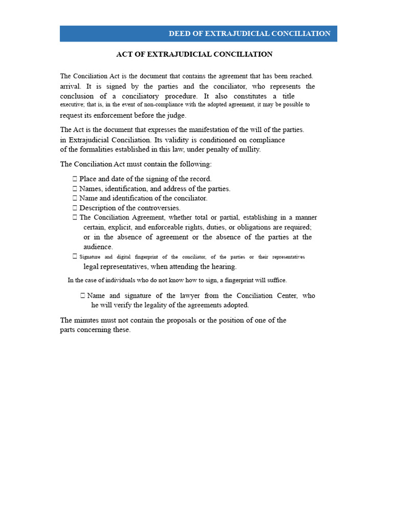 Extrajudicial Conciliation Agreement Template | PDF | Signature ...