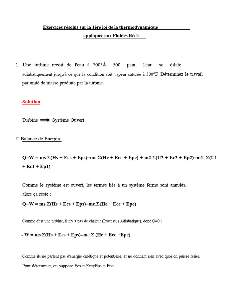 Exercices sur la 1ère loi de thermodynamique | PDF | Chaleur | Turbine