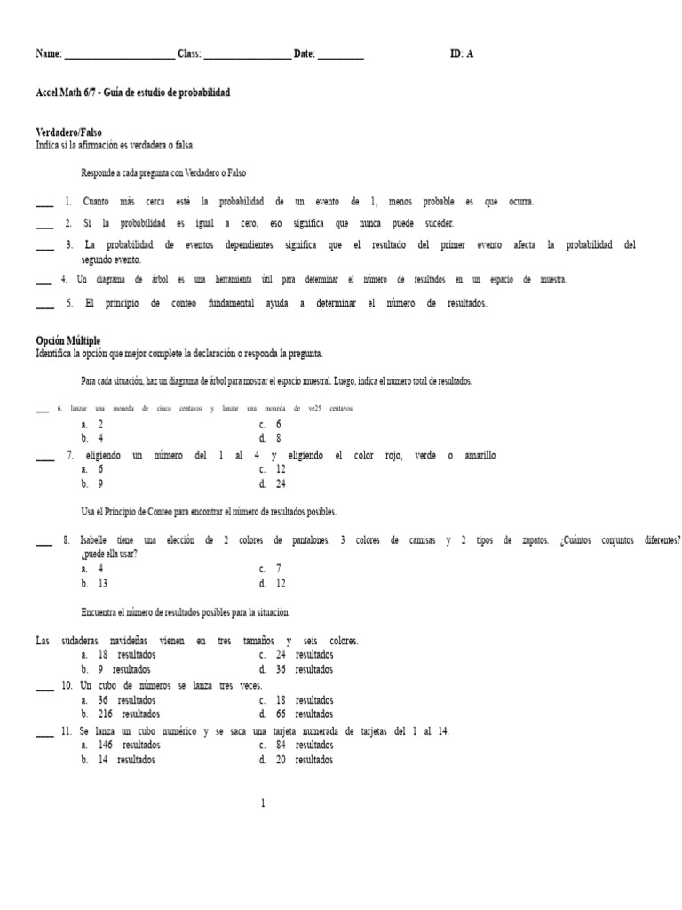 Guía de Estudio de Probabilidad Accel - Math - 6-7 | PDF | Probabilidad ...