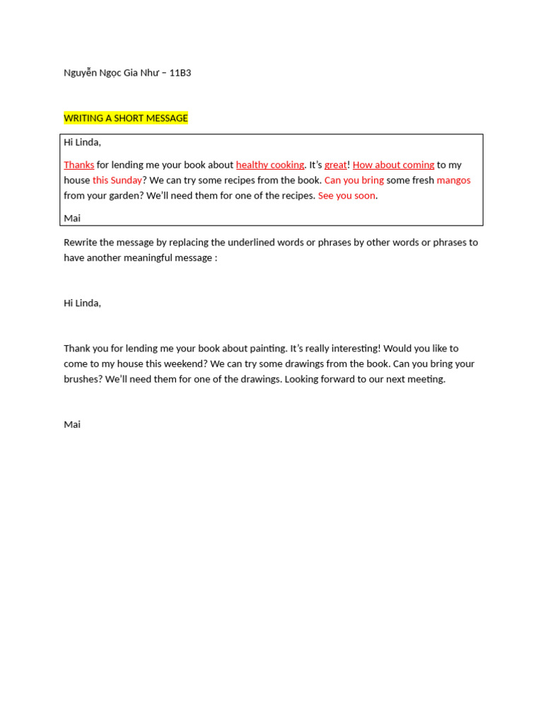 Writing A Short Message Gia Nhưb3 | PDF