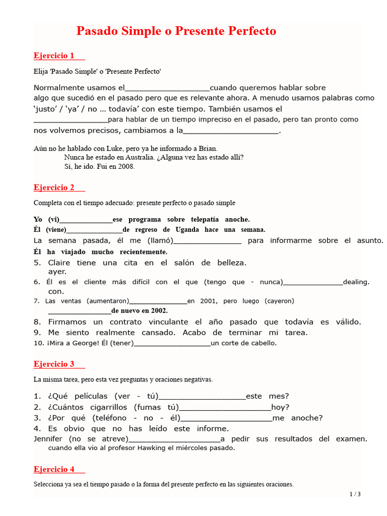 Pasado Simple vs. Presente Perfecto: Ejercicios | PDF