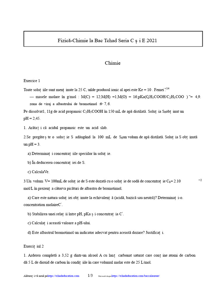 Subiect de Fizică-Chimie Bac C Și E 2021 | PDF