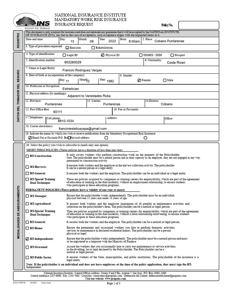 D0190 Application For Work Risk Insurance Policy | PDF | Insurance ...