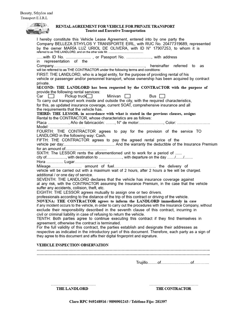 Vehicle Rental Agreement For Private Transport | PDF | Lease | Landlord
