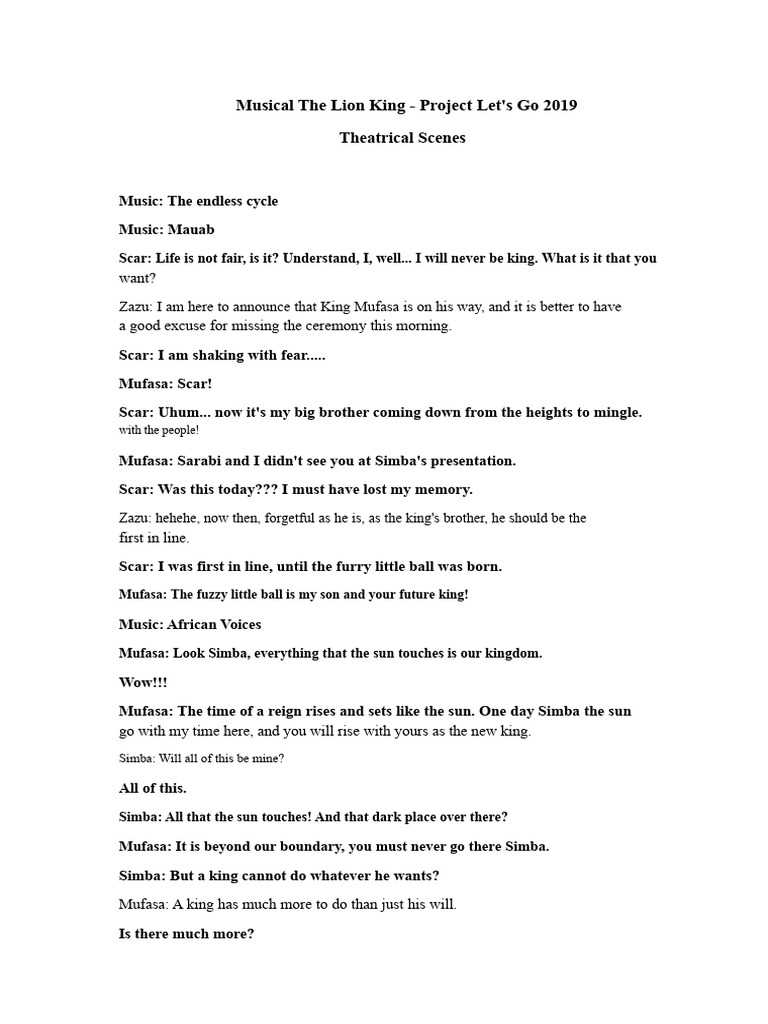 The Lion King Musical Script 2019 | PDF