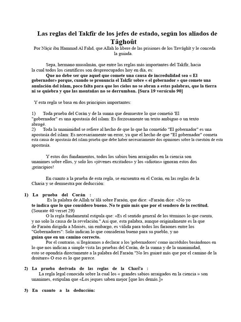 Shaykh Naçir Ibn Hammad Al Fahd - Las Reglas Del Takfir de Los Jefes de ...