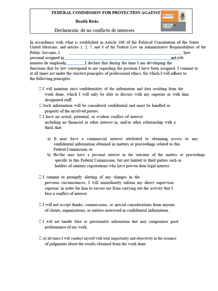 Conflict of Interest Declaration Form | PDF | Conflict Of Interest ...