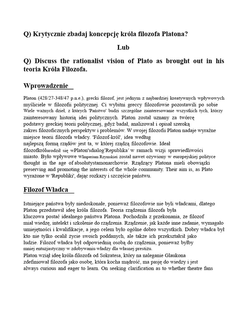 Teoria Filozofa Króla Platona PDF | PDF