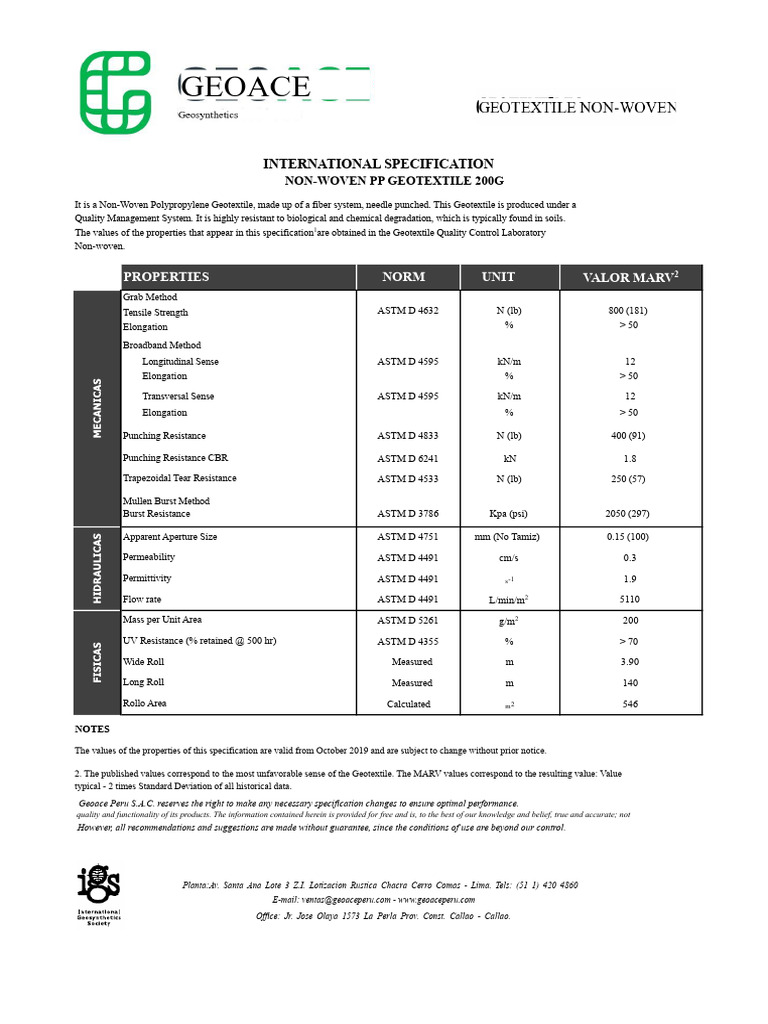 Non-Woven PP Geotextile 200G - GEOACE PERU SAC V2 | PDF | Nonwoven ...