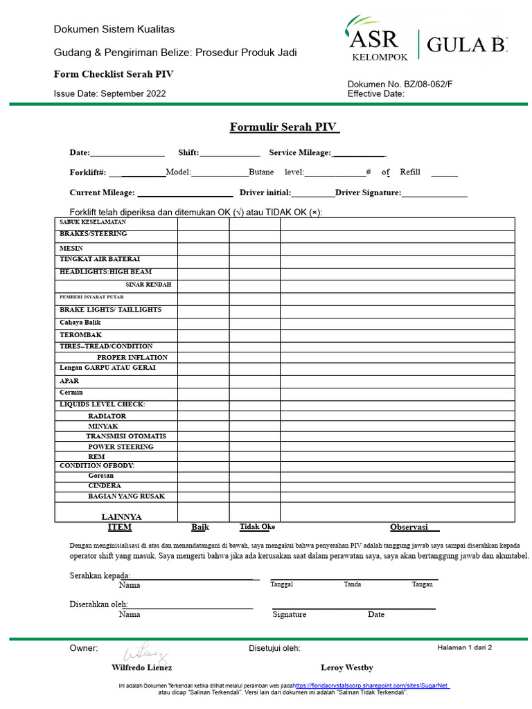 Prosedur Checklist Serah PIV Gudang Belize | PDF