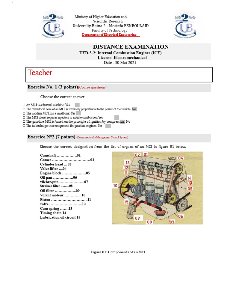 Distance Exam: Internal Combustion Engines | PDF | Engines | Internal ...