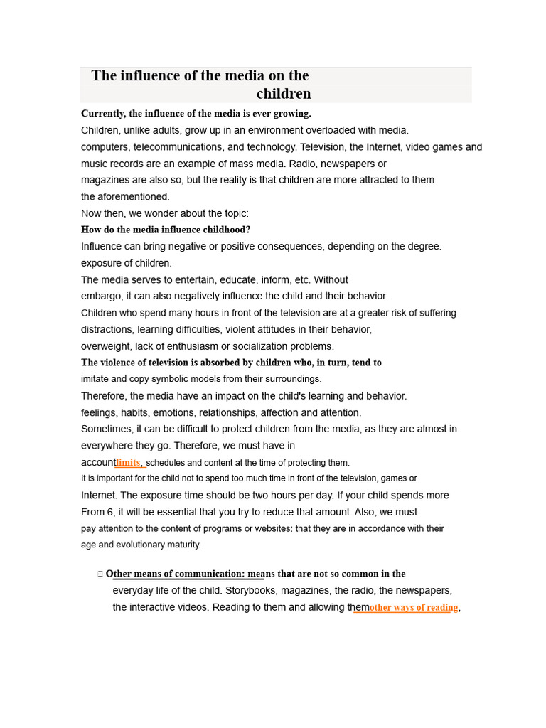 Media Influence on Children's Behavior | PDF | Attitude (Psychology ...