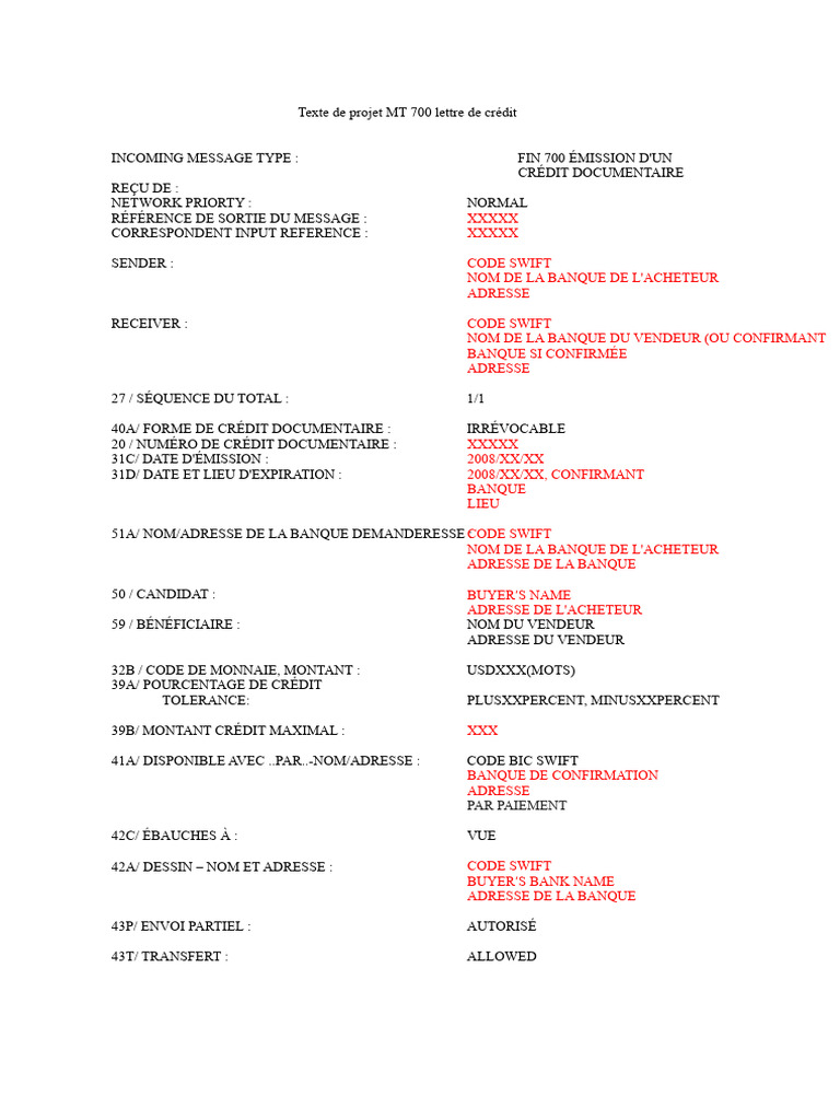Projet de lettre de crédit MT 700 | PDF | Lettre de crédit | Banques