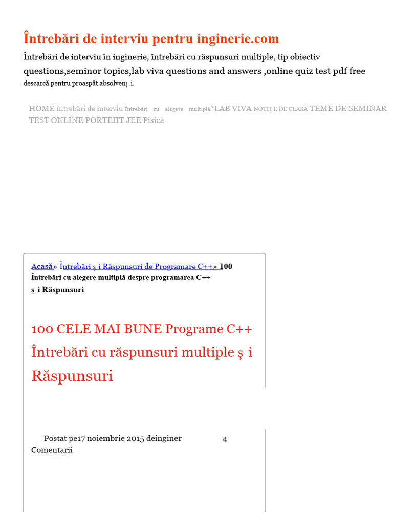 100 Întrebări Și Răspunsuri Multiple Choice de Programare C++ | PDF
