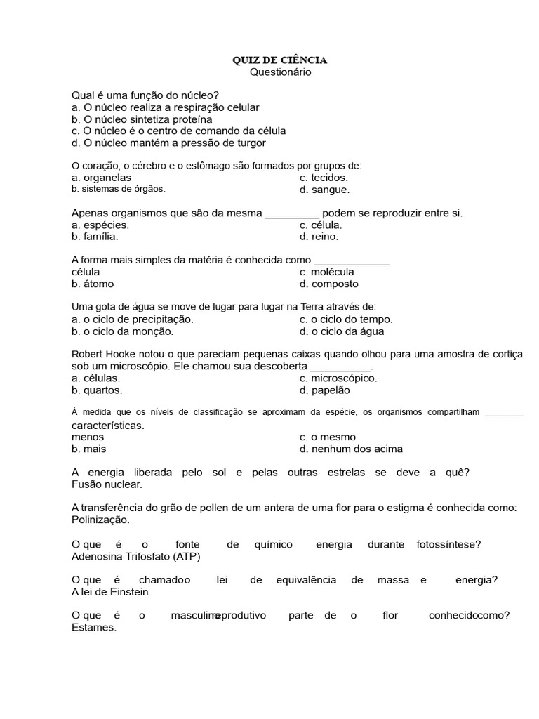 Quiz de Ciência: Perguntas e Respostas | PDF | Célula (Biologia) | Química