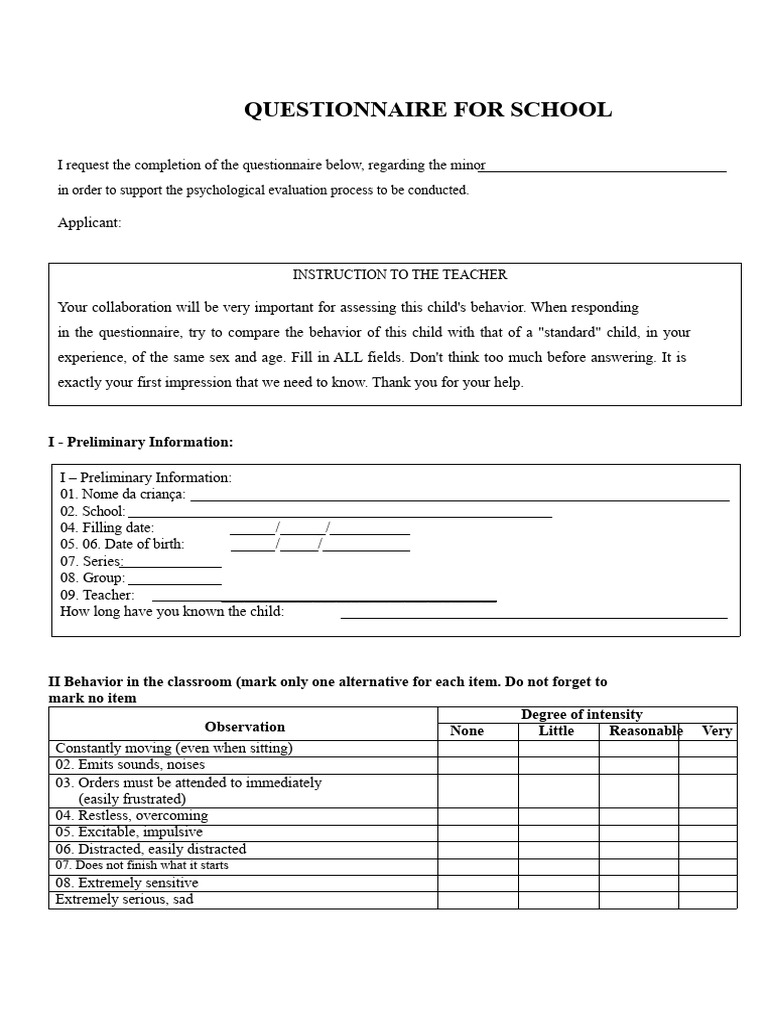 Questionnaire For School | PDF | Autism | Mental Health