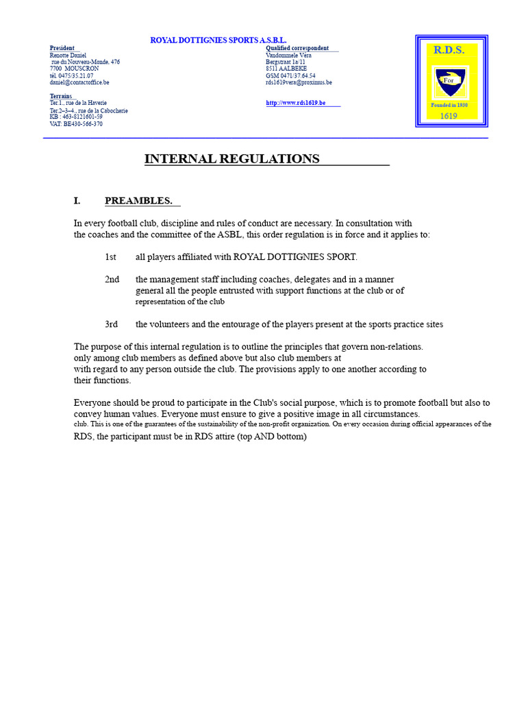 INTERNAL REGULATIONS Football | PDF