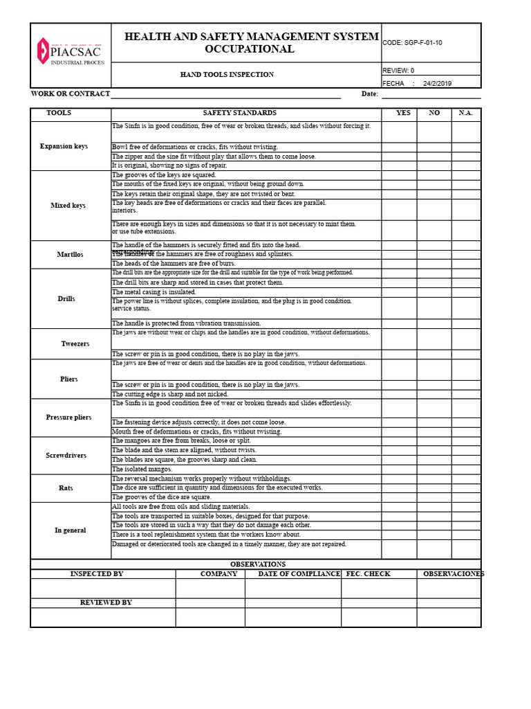 Manual Tools Inspection Format | PDF | Tools | Drill
