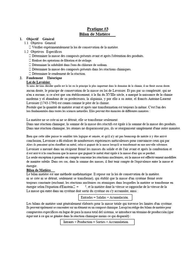Bilan de matière en chimie : principes et méthodes | PDF | Chimie ...
