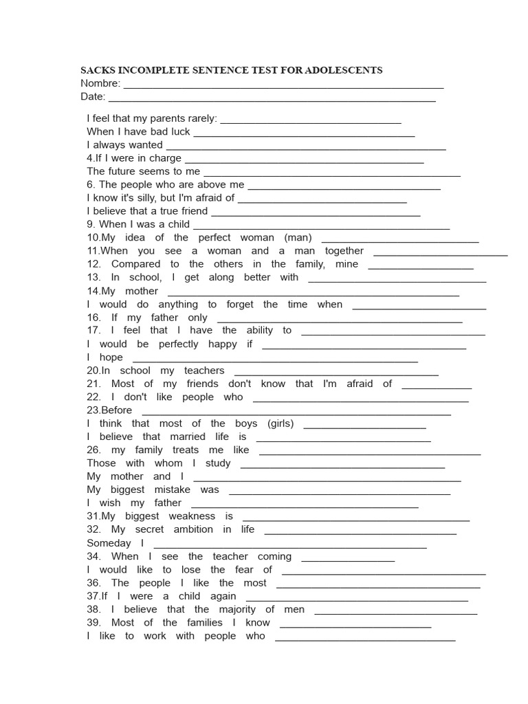 Incomplete Sentence Test for Teens | PDF | Adolescence | Behavioural ...