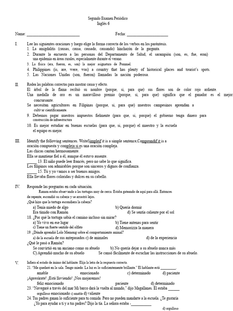 Examen Del Segundo Trimestre Grado 6 Inglés Solo Muestra | PDF ...