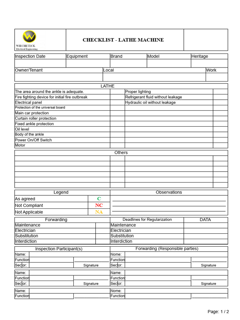 Lathe Machine Inspection Checklist | PDF