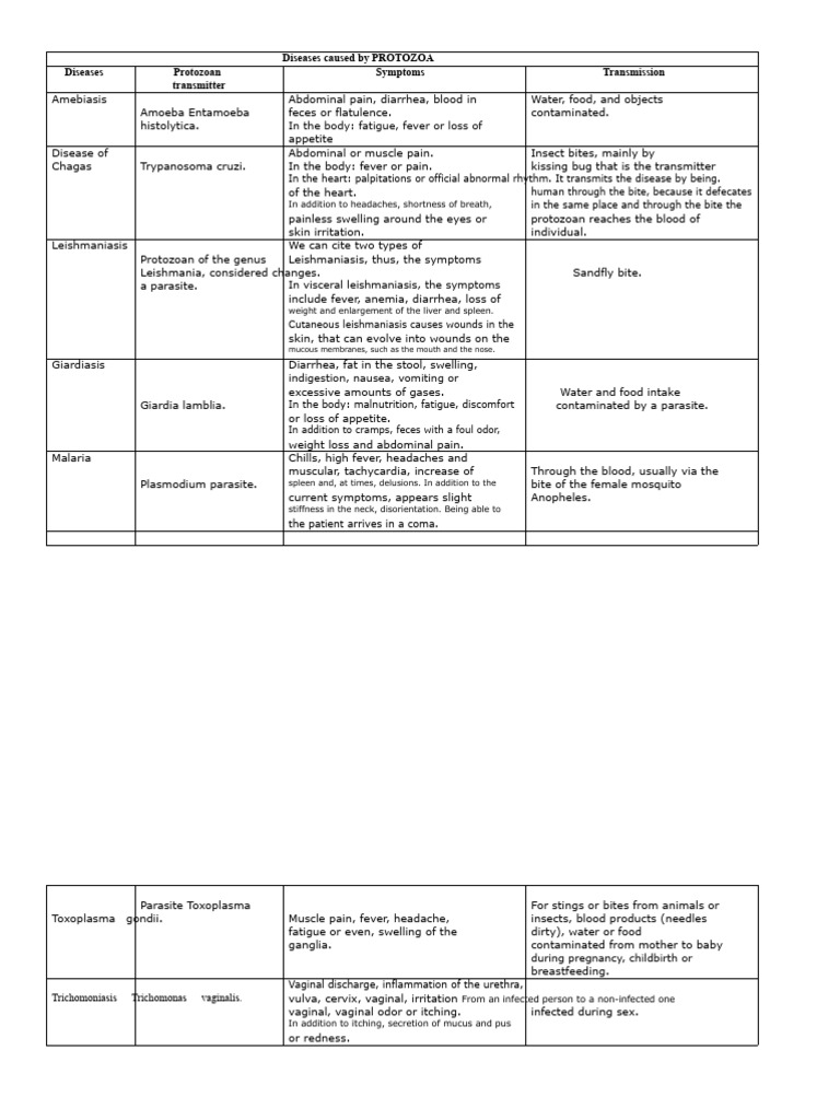 Protozoan Diseases and Symptoms Guide | PDF | Microbiology | Immunology