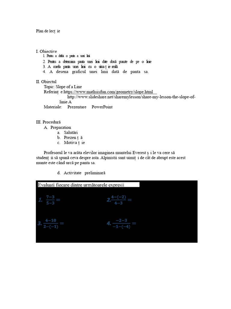 Plan de Lecție Despre Panta Unei Drepte | PDF