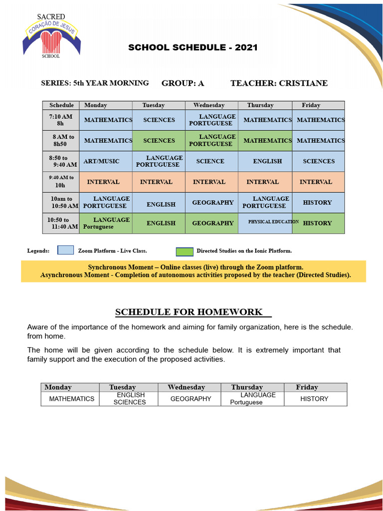 Class Schedule - 5TH Grade A - Morning - Teacher Cristiane | PDF | Learning