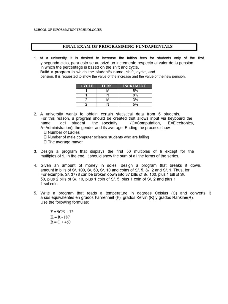 Final Exam of Programming Fundamentals | PDF