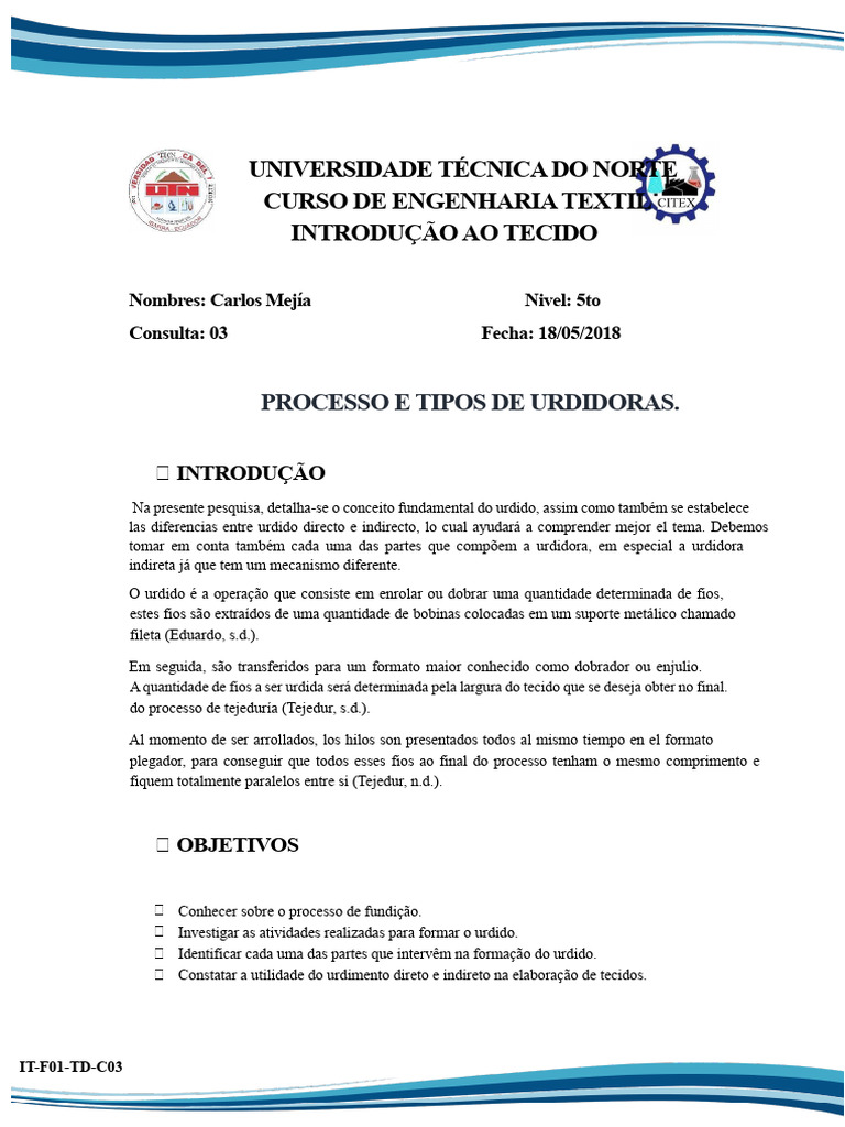Tipos de Urdidoras e Processo de Urdido | PDF