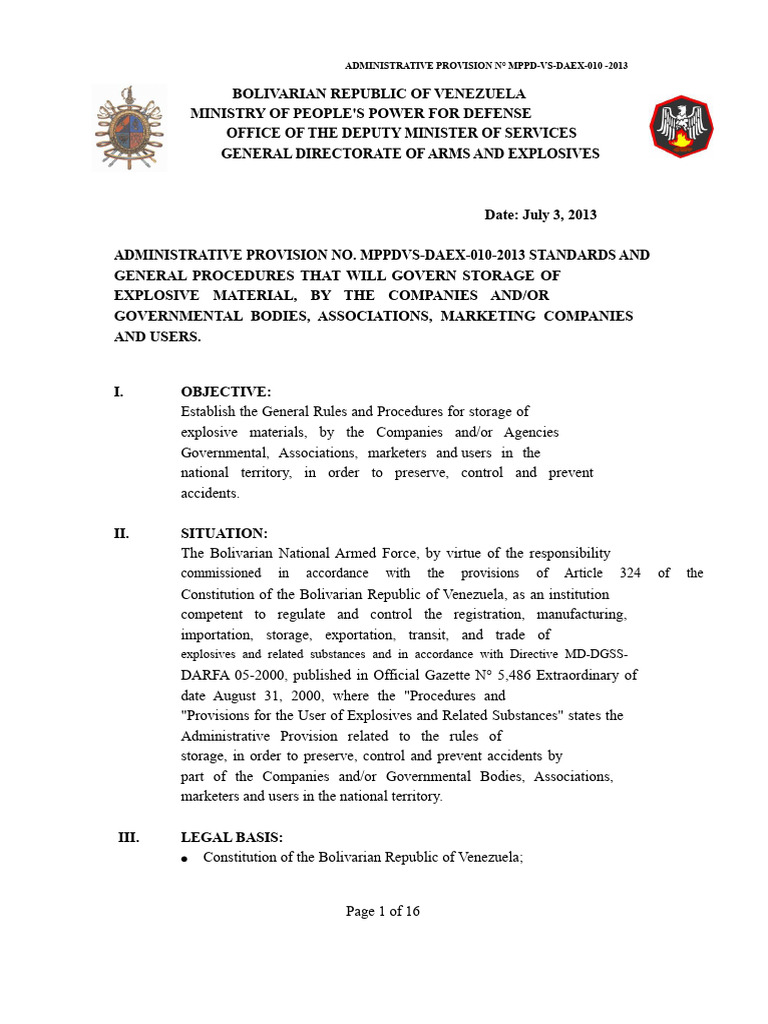 Venezuela Explosive Storage Regulations | PDF | Warehouse | Gunpowder